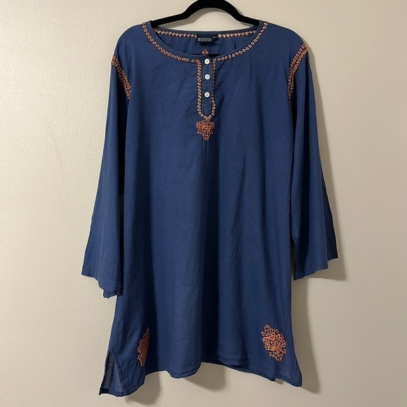 Madison Mathews Tops - Madison Mathews Navy Tunic with Orange Embroidery Size Large